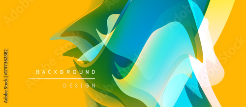 Abstract vibrant design. Overlapping shapes, yellow, green, blue hues create dynamic visual effect. Modern background texture.