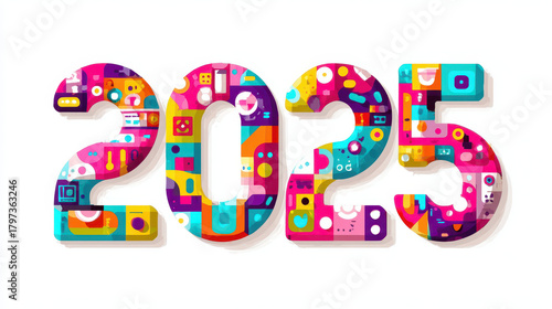 Colorful minimalist typography party decor for 2025 isolated on white background graphic art concept