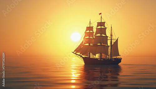 Tall ship sailing at sunset