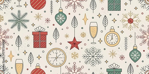 Festive Winter Holiday Celebration Elements and Snowflakes Pattern Background.