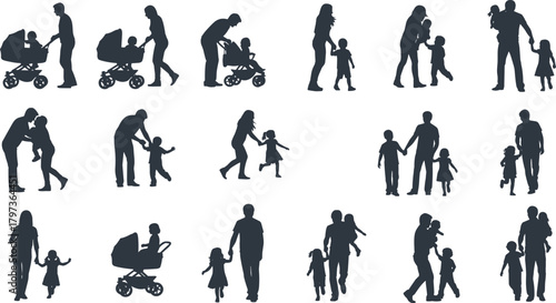 Family silhouette vector showing parents with children, caregiving moments, walking, playing, bonding, parenting, love, lifestyle, black illustration set.