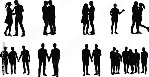 Silhouette couples and groups in various poses, holding hands, talking, embracing, celebrating, human relationships, interaction, black vector illustration.