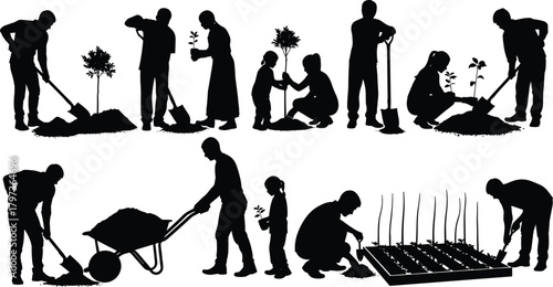 Silhouette gardening teamwork with adults and children planting, watering, digging, nurturing plants, environmental care, and outdoor eco activity vector illustration.