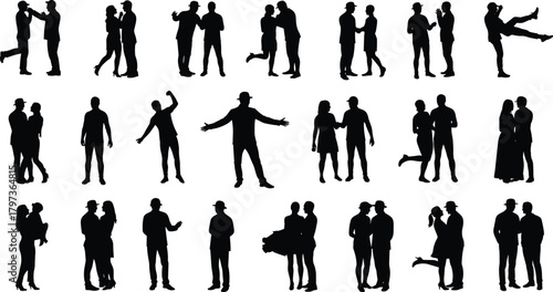 Silhouette people in various poses, dancing, talking, embracing, interacting, expressive body language, social gestures, human figures, black vector art.