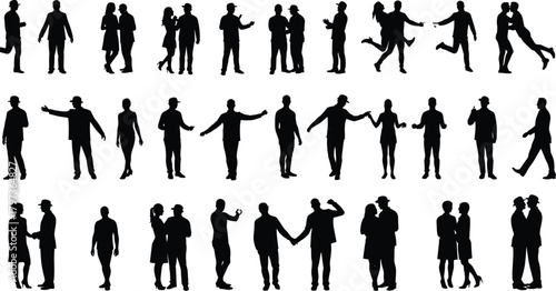 Silhouette people interacting in various poses, walking, hugging, talking, dancing, shaking hands, and expressing social connection in vector illustration.