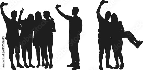 Silhouette people taking selfies in groups, posing playfully, expressing joy, friendship, and modern social interaction in vector illustration design.