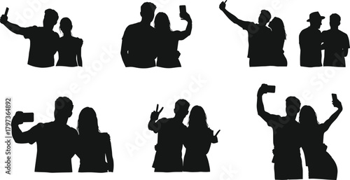 Silhouette people taking selfies in pairs, posing together, expressing joy, friendship, and modern social interaction in outdoor vector illustration.