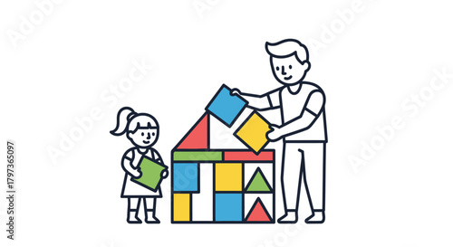 Father and Daughter Building a House with Colorful Geometric Blocks.