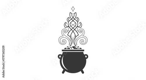 Stylized Cauldron with Ornate Swirling Magical Steam Illustration.