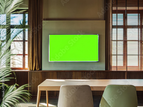 Modern office interior with green screen TV on wall and natural light through wooden blinds