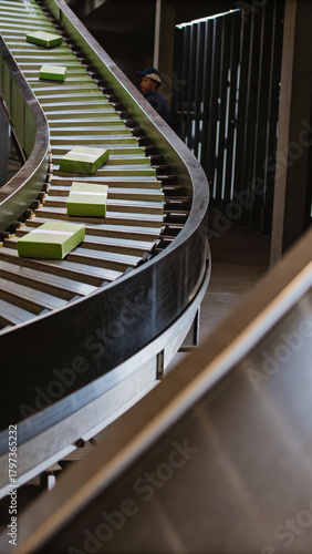 Green boxes move along curved conveyor belt in industrial warehouse with worker in background