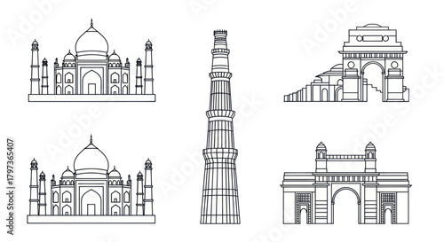 Famous Indian Architectural Landmarks Line Art Illustrations.