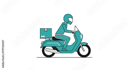 Delivery person riding a teal scooter with a package box.