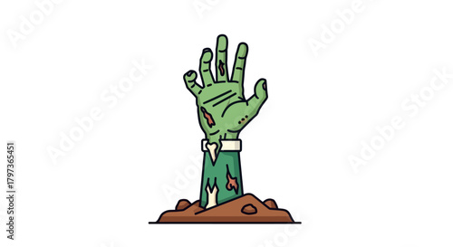 Cartoon Green Zombie Hand Emerging from Ground for Halloween.