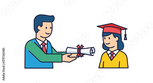 Graduation ceremony diploma awarded to a student in cap and gown.