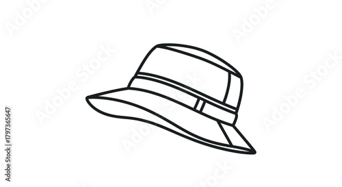 Simple black and white line art drawing of a classic bucket hat with a band isolated icon.