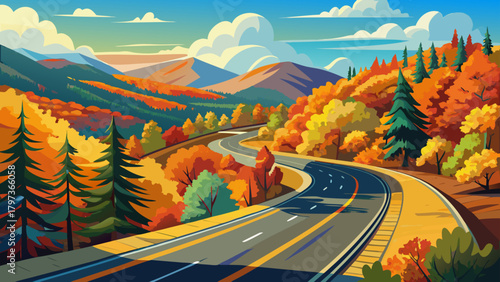 Very beautiful highway scene on a sunny autumn day in New Hampshire, USA, featuring vibrant fall foliage, clear blue skies, and a peaceful roadway winding through colorful forested hills.