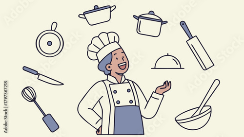 A chef in uniform surrounded by kitchen utensils including pots pans knives and a whisk on a light background