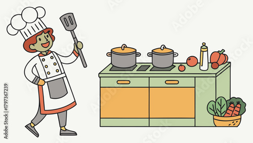 Chef holding spatula stands near stove with pots and vegetables in a kitchen illustration style