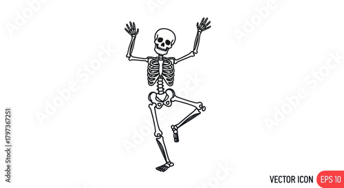 Cartoon Skeleton Dancing with Raised Arms and One Leg Up in Black and White.