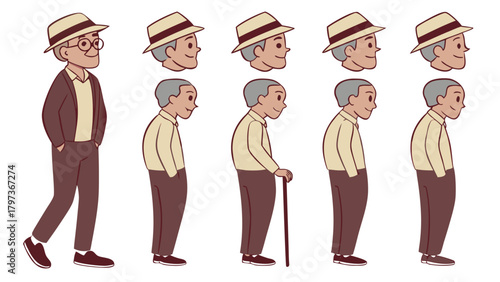 Illustration of an old man in various stages of aging and posture changes with and without a walking stick