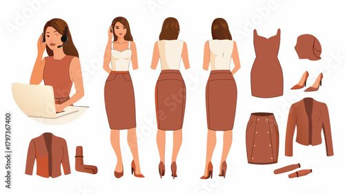 Illustration of a woman in business attire with various views and clothing options on a white background