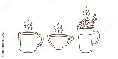 Line art stock illustration of a Coffee, Tea, and Mocha Mug Icon. Concept of hot drinks