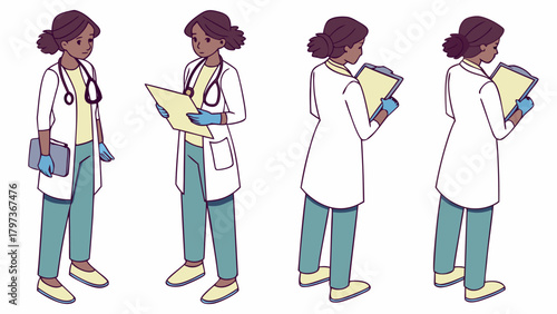 Isometric views of a doctor with a stethoscope, wearing gloves, holding a clipboard and a document sheet
