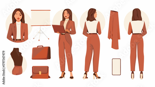 Illustration showing a woman in a pantsuit with laptop, presentation board, mannequin and accessories set up