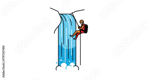 Person Rappelling Down a Waterfall with Backpack and Safety Rope.