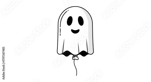 A cute and friendly smiling ghost-shaped balloon in a simple black and white line art style.