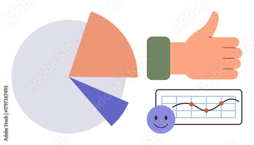 Pie chart, smiling face, upward line graph, and thumbs-up gesture indicating growth, performance, and positivity. Ideal for business, data, productivity success analytics feedback motivation