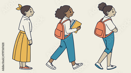 Three students walking with backpacks and books in a cartoon style illustration on a light background