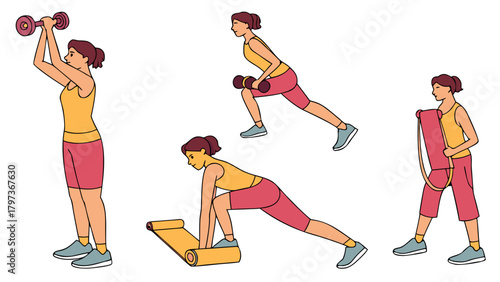 Woman exercising with dumbbell and yoga mat in various poses for fitness and healthy lifestyle routine