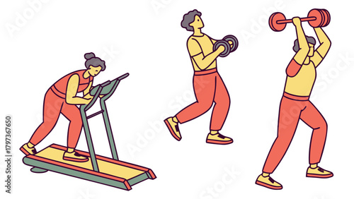 People exercising with treadmill, dumbbells, and barbell in a fitness themed vector illustration design