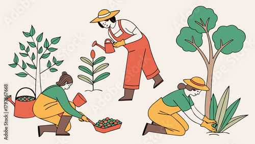 Illustration of three women gardening with watering cans and planting trees in a garden setting outdoors