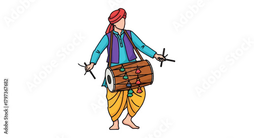 Colorful illustration of a traditional Indian dhol player wearing a red turban.