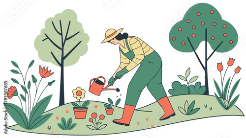 Woman in overalls and hat watering flowers in a garden with trees and potted plants around her scene