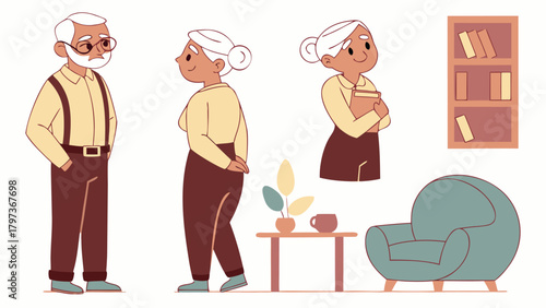Illustration of an elderly couple with white hair and casual clothes in a cozy living room setting scene