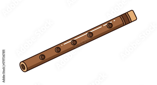 Cartoon Illustration of a Brown Wooden Flute Instrument.