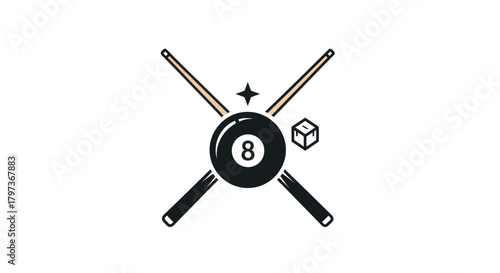 Crossed Billiard Cues and Eight Ball with Dice and Sparkle.
