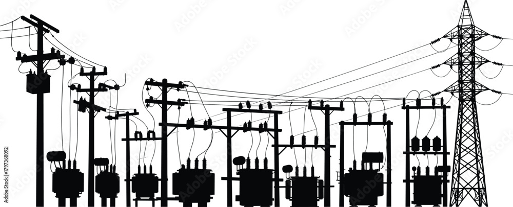 Naklejka premium Silhouette vector illustration of electrical substations, transformers, utility poles, and transmission towers—energy grid infrastructure layout for power distribution and engineering reference