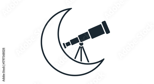 Black Telescope Pointing Towards Crescent Moon Silhouette.