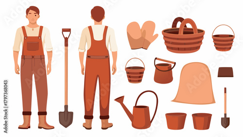 Illustration of a man in overalls with gardening tools like a shovel watering can and buckets around him