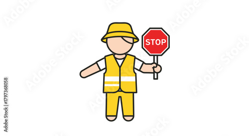 Stylized safety worker holding a stop sign wearing yellow high-visibility uniform.
