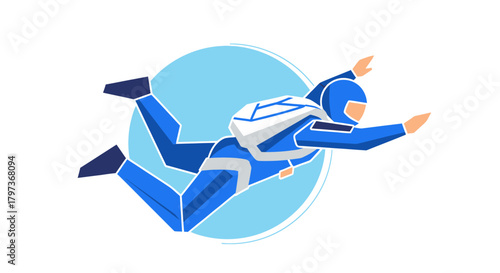 Skydiver in Blue Jumpsuit with Parachute Freefalling Through Air.