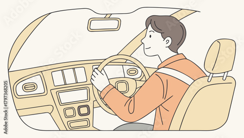 A cartoon illustration of a man with short brown hair driving a car with a beige interior and orange shirt