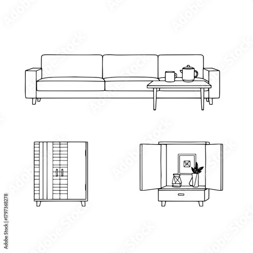 “Render a minimalist modular furniture graphic with four separate objects—sofa, side table with cooker and mug, line-patterned cabinet, and open box with décor. Use heavy black outlines, white interio