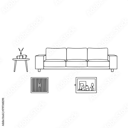 “Render a minimalist modular furniture graphic with four separate objects—sofa, side table with cooker and mug, line-patterned cabinet, and open box with décor. Use heavy black outlines, white interio