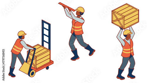 Three workers in safety gear handling wooden crates in different ways on a white background scene view